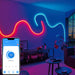 Image of smartphone app controlling RGBIC Neon LED Rope Light in a red and blue wavy pattern on a living room wall giving the room a gradient glow.