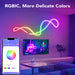 Image of smartphone app controlling RGBIC Neon LED Rope Light showing more delicate colours of RGBIC in a multicoloured random pattern on a living room wall above the TV giving the room a gradient glow.