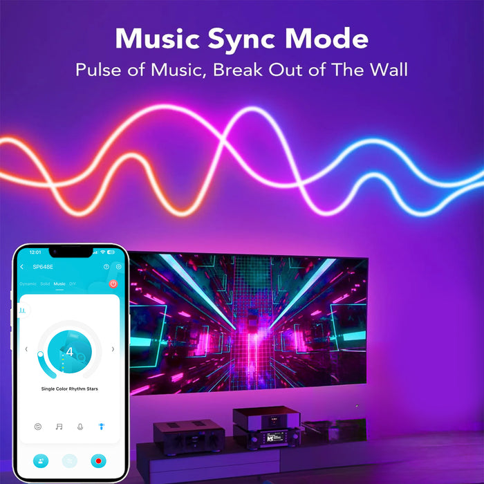 Image of smartphone app controlling RGBIC Neon LED Rope Light with Music Sync Mode feature to sync the TV audio with illumination showing multicoloured wavy lines on a wall above a TV set giving the room a gradient glow.