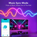 Image of smartphone app controlling RGBIC Neon LED Rope Light with Music Sync Mode feature to sync the TV audio with illumination showing multicoloured wavy lines on a wall above a TV set giving the room a gradient glow.