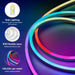 An image of the NimbusFlex® RGBIC Neon LED Rope Light in a multicoloured loop pattern from above on a gradient coloured surface with circle bubble diagrams showing key features. Side Lighting: Side bend with curved surface, 180 degree luminous, IP65 flexible neon: Waterproof silicone tube, 120 LEDs per metre: uniform lighting surface.