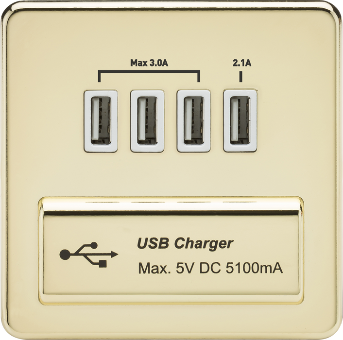 230V Quad USB-A Charger Outlet (5V DC 5.1A shared) - Polished Brass with White Insert