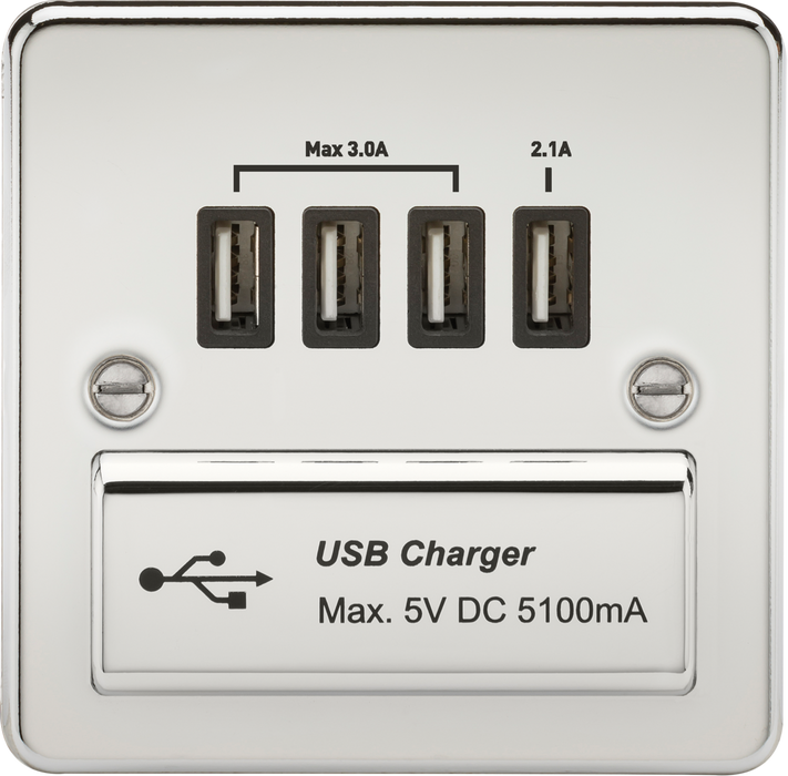 230V Quad USB-A Charger Outlet (5V DC 5.1A shared) - Polished Chrome with Black Insert