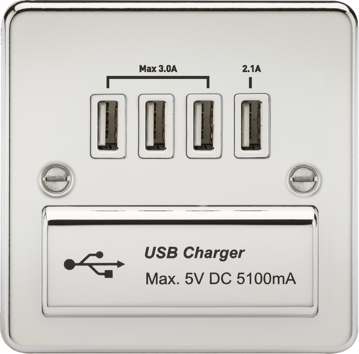 230V Quad USB-A Charger Outlet (5V DC 5.1A shared) - Polished Chrome with White Insert