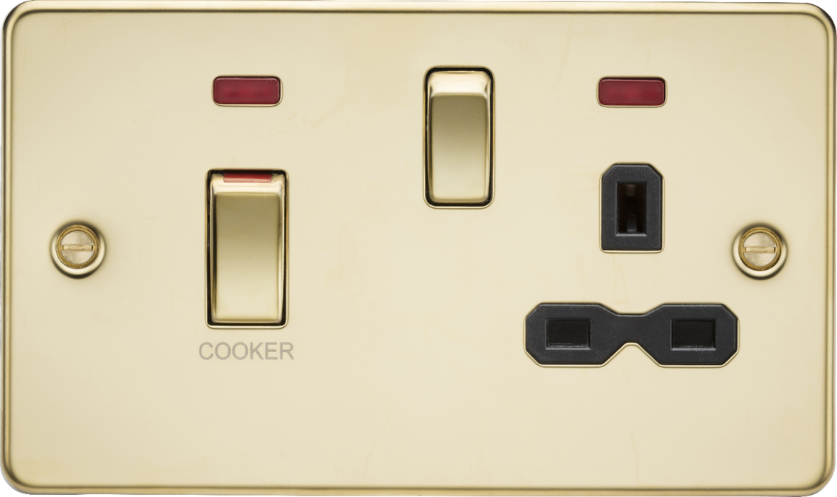 45A DP Switch & 13A Socket with Neons - Polished Brass with Black Insert