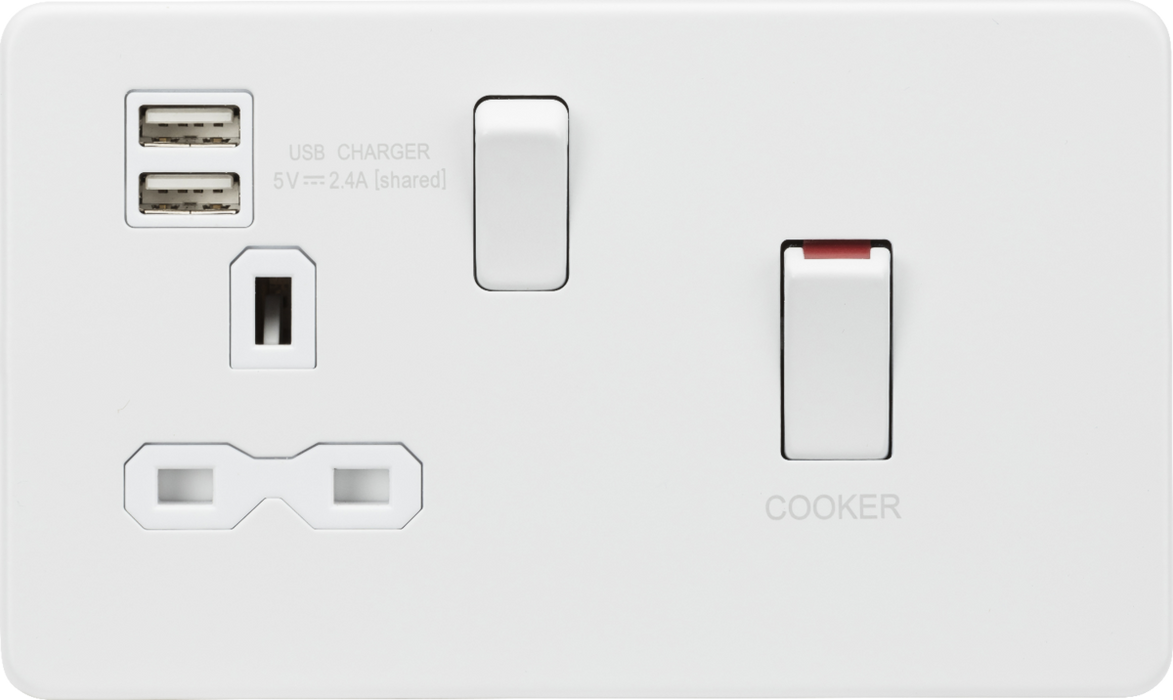 45A DP Switch & 13A Socket with Dual USB A+A (5V DC 2.4A shared) - Matt White with White Insert