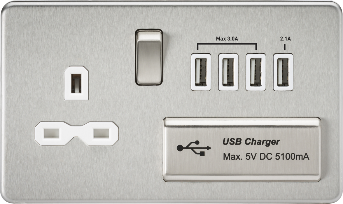 13A Switched Socket with Quad USB-A (5V DC 5.1A shared) - Brushed Chrome with White Insert