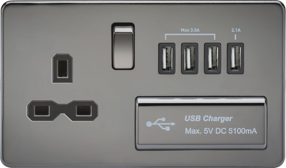 13A Switched Socket with Quad USB-A (5V DC 5.1A shared) - Black Nickel ...