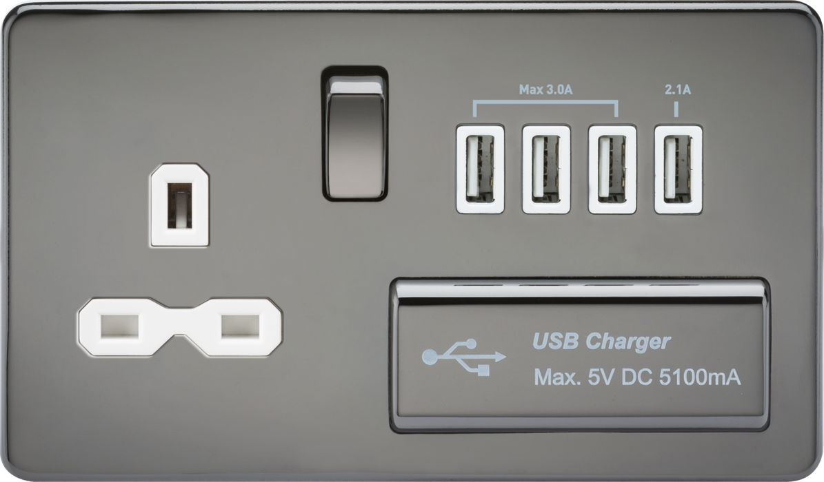 13A Switched Socket with Quad USB-A (5V DC 5.1A shared) - Black Nickel with White Insert