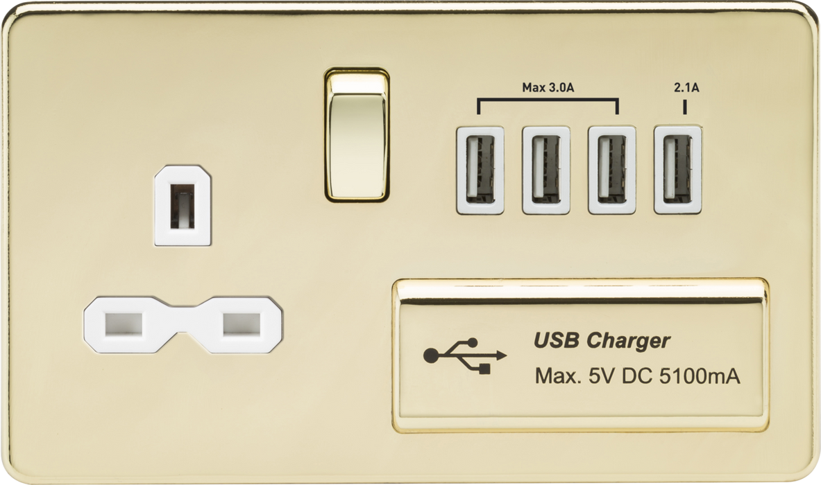 13A Switched Socket with Quad USB-A (5V DC 5.1A shared) - Polished Brass with White Insert