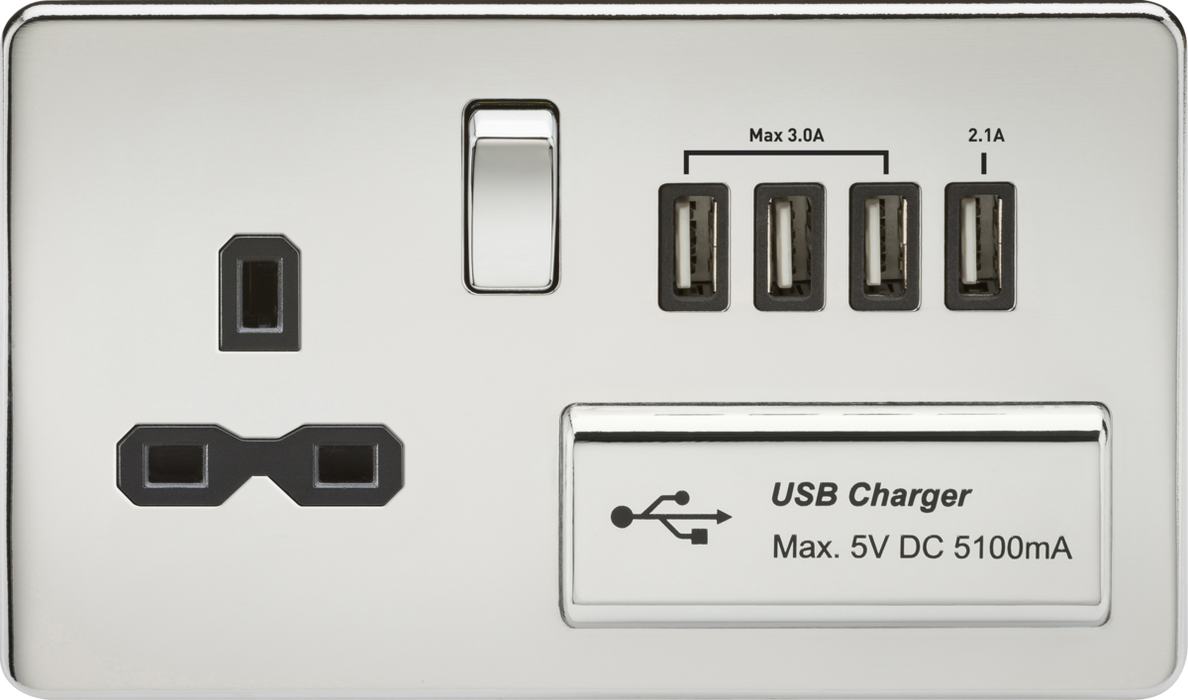 13A Switched Socket with Quad USB-A (5V DC 5.1A shared) - Polished Chrome with Black Insert