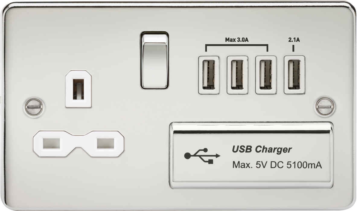 13A Switched Socket with Quad USB-A (5V DC 5.1A shared) - Polished Chrome with White Insert