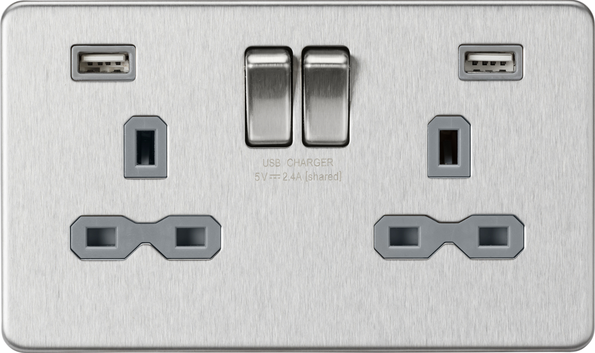 13A 2G SP Switched Socket with Dual USB A+A (5V DC 2.4A shared) - Brushed Chrome with Grey Insert