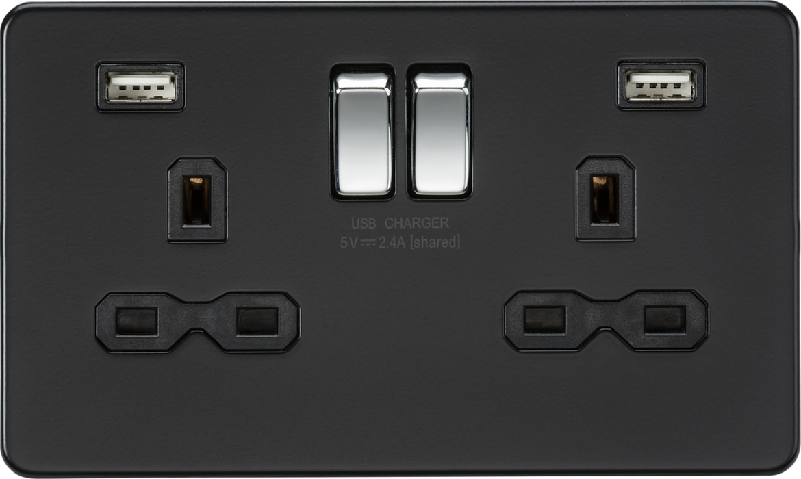 13A 2G SP Switched Socket with Dual USB A+A (5V DC 2.4A shared) - Matt Black with Chrome Rockers