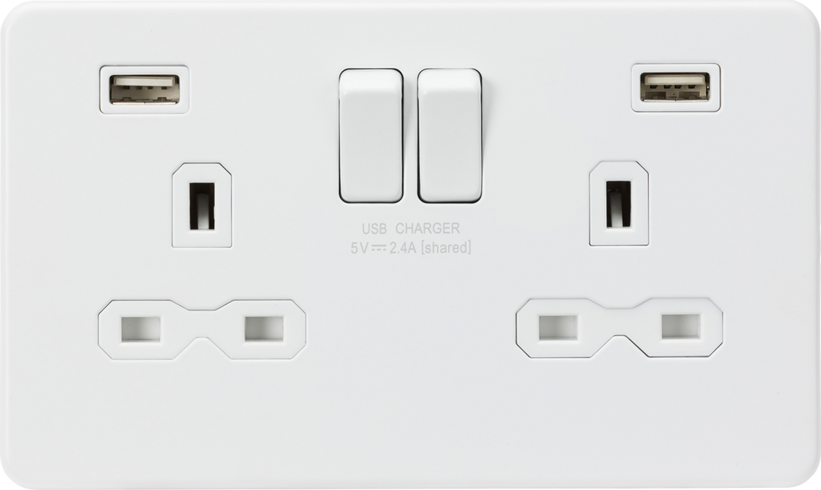 13A 2G SP Switched Socket with Dual USB A+A (5V DC 2.4A shared) - Matt White with White Insert