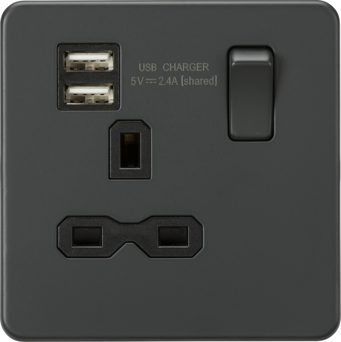 13A 1G SP Switched Socket with Dual USB A+A (5V DC 2.4A shared) - Anthracite with Black Insert