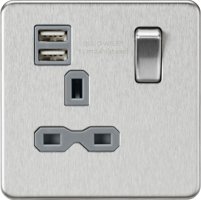 13A 1G SP Switched Socket with Dual USB A+A (5V DC 2.4A shared) - Brushed Chrome with Grey Insert