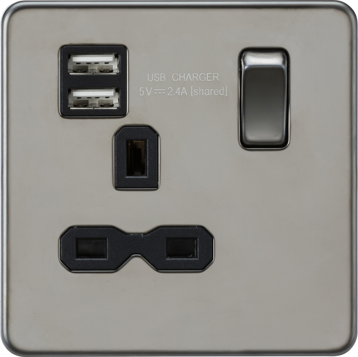 13A 1G SP Switched Socket with Dual USB A+A (5V DC 2.4A shared) - Black Nickel with Black Insert