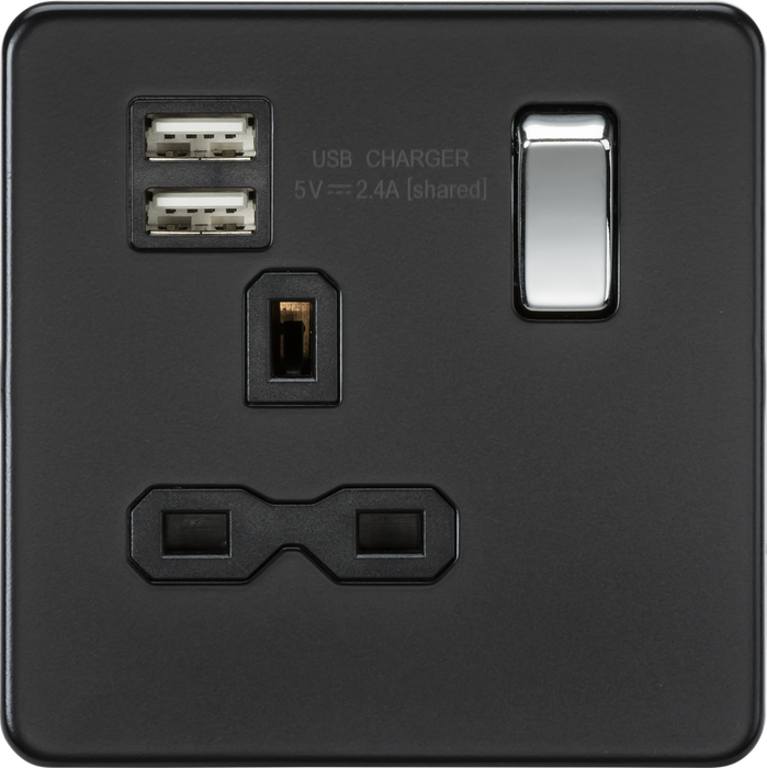 13A 1G SP Switched Socket with Dual USB A+A (5V DC 2.4A shared) - Matt Black with Chrome Rocker