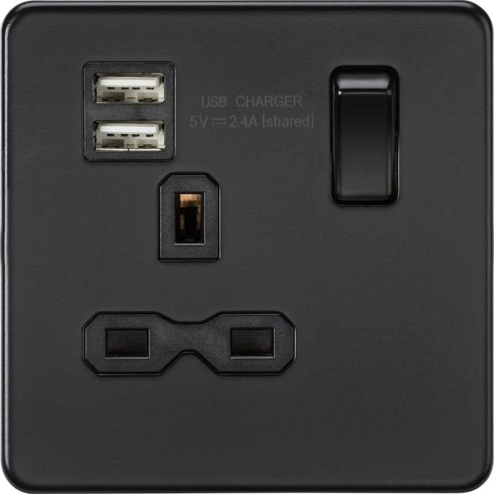 13A 1G SP Switched Socket with Dual USB A+A (5V DC 2.4A shared) - Matt Black with Black Insert