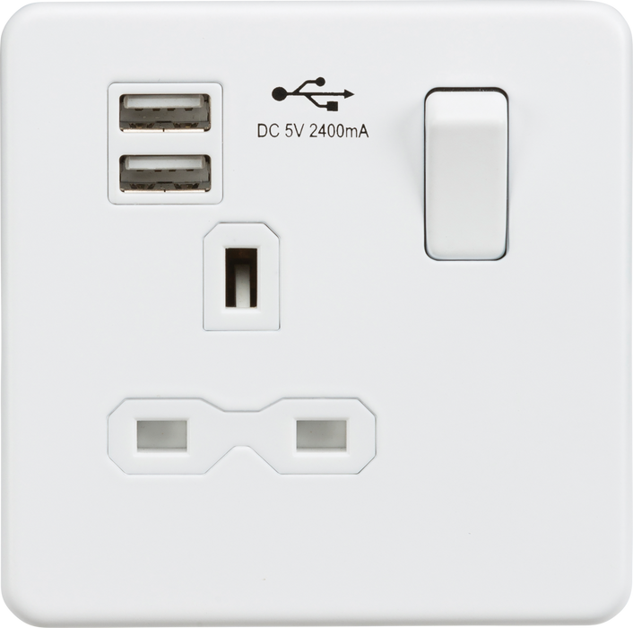 13A 1G SP Switched Socket with Dual USB A+A (5V DC 2.4A shared) - Matt White with White Insert