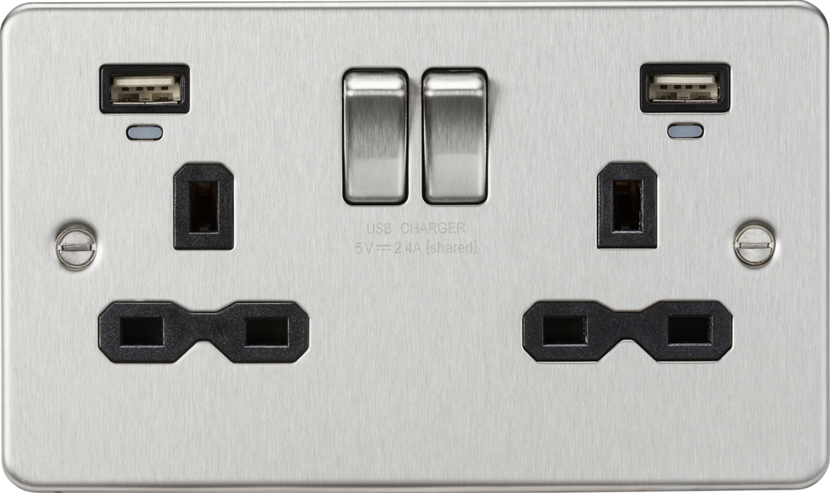 13A 2G Switched Socket, Dual USB (2.4A) with LED Charge Indicators - Brushed Chrome w/Black Insert