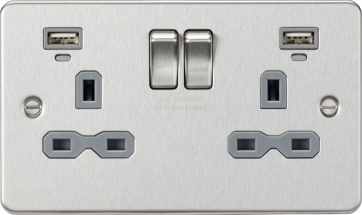 13A 2G Switched Socket, Dual USB (2.4A) with LED Charge Indicators - Brushed Chrome w/Grey Insert