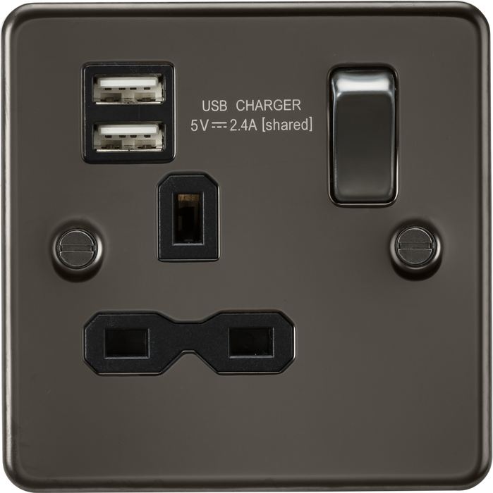 13A 1G SP Switched Socket with Dual USB A+A (5V DC 2.4A shared) - Gunmetal with Black Insert