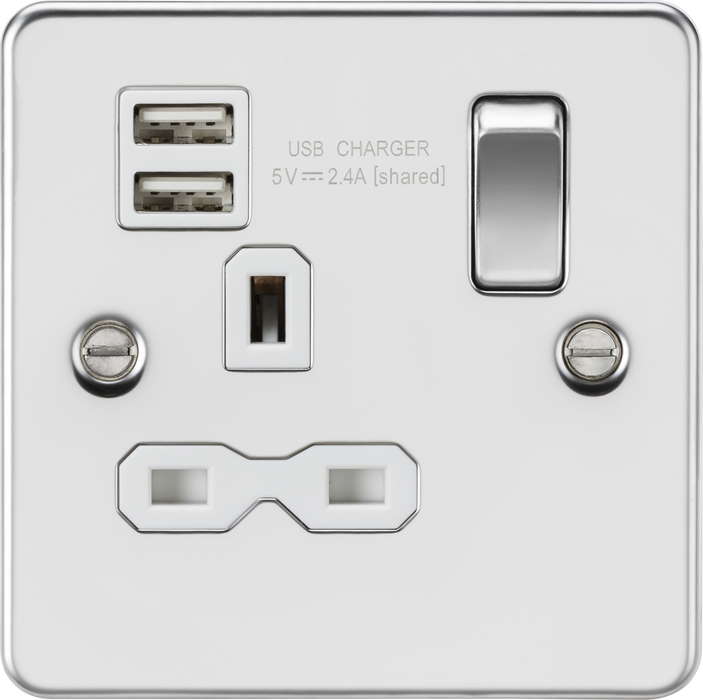 13A 1G SP Switched Socket with Dual USB A+A (5V DC 2.4A shared) - Polished Chrome with White Insert