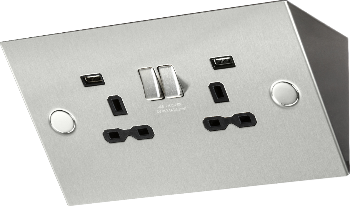 13A 2G Mounting Switched Socket with Dual USB Charger (2.4A) - Stainless Steel with black insert