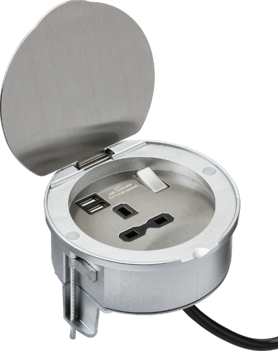 13A 1G Recess Switched Socket with Dual USB Charger (2.4A) - Stainless Steel with black insert