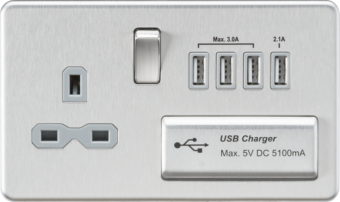 13A Switched Socket with Quad USB-A (5V DC 5.1A shared) - Brushed Chrome with Grey Insert