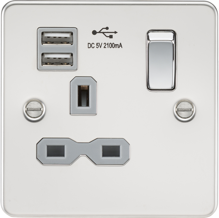 13A 1G SP Switched Socket with Dual USB A+A (5V DC 2.1A shared) - Polished Chrome with Grey Insert