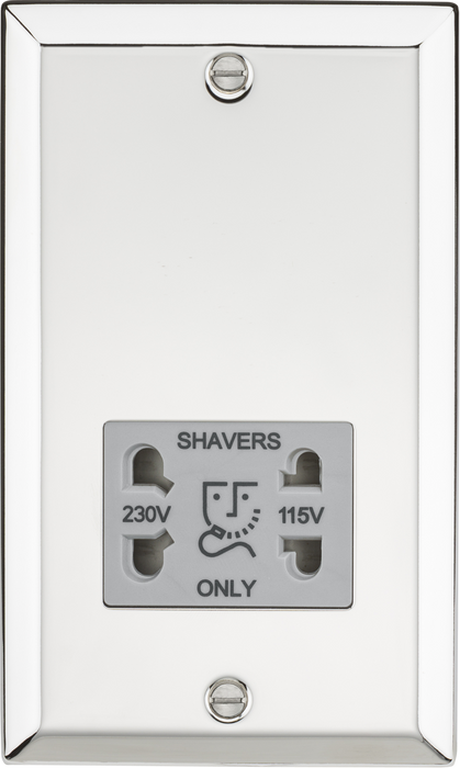 115-230V Dual Voltage Shaver Socket with Grey Insert - Bevelled Edge Polished Chrome