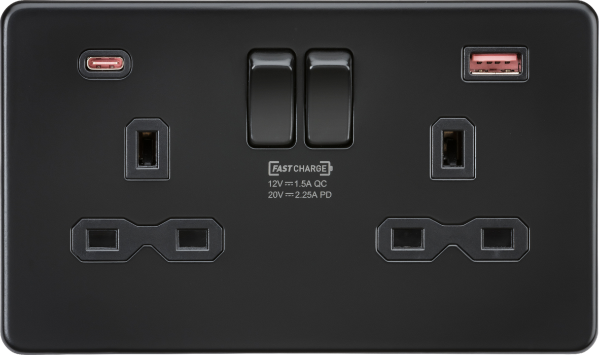 13A 2G DP Switched Socket with Dual USB A+C 20V DC 2.25A (Max. 45W) - Matt Black with Black Insert