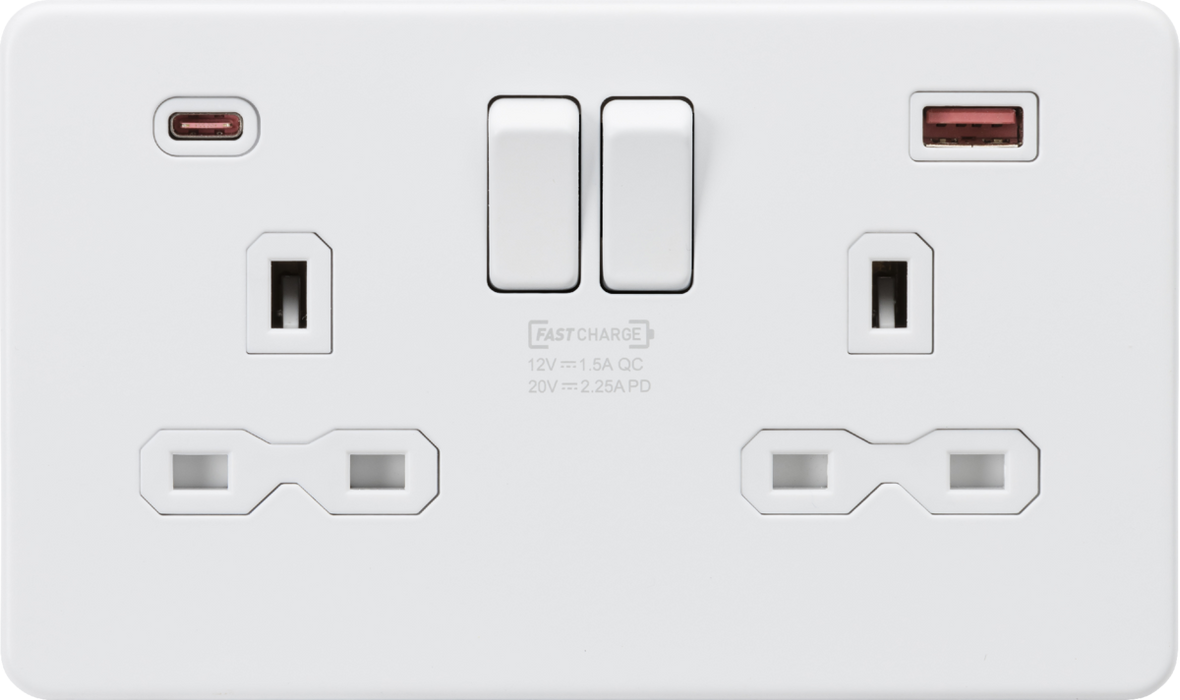 13A 2G DP Switched Socket with Dual USB A+C 20V DC 2.25A (Max. 45W) - Matt White with White Insert