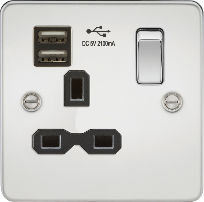 13A 1G SP Switched Socket with Dual USB A+A (5V DC 2.1A shared) - Polished Chrome with Black Insert