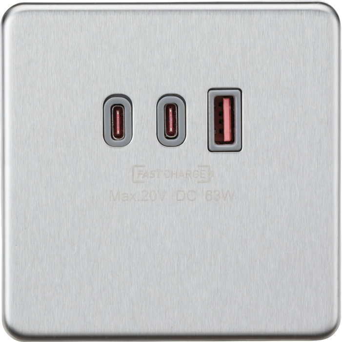 230V Triple USB Charger Plate 2xUSB-C 1xUSB-A [20V DC Max. 63W] - Brushed Chrome with grey insert