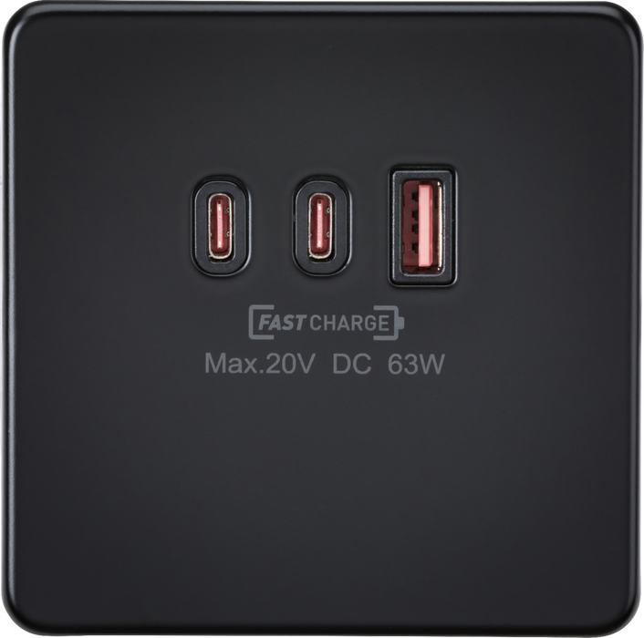 230V Triple USB Charger Plate 2xUSB-C 1xUSB-A [20V DC Max. 63W] - Matt Black