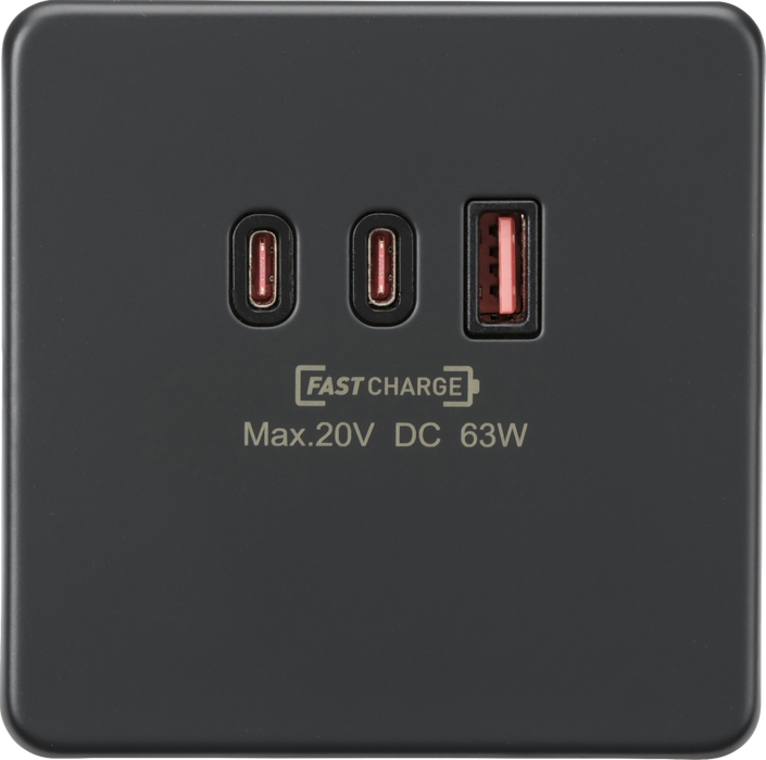 230V Triple USB Charger Plate 2xUSB-C 1xUSB-A [20V DC Max. 63W] - Anthracite