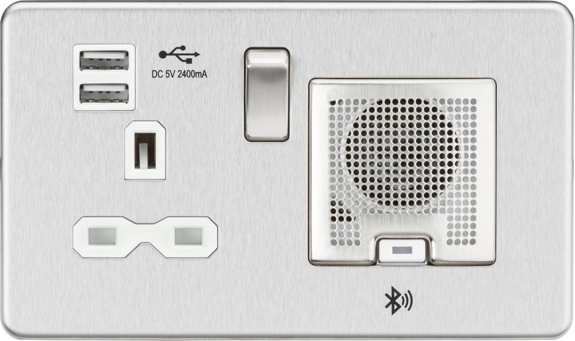 13A Socket Bluetooth Speaker and Dual USB A+A (5V DC 2.4A shared) - Brushed Chrome with White Insert