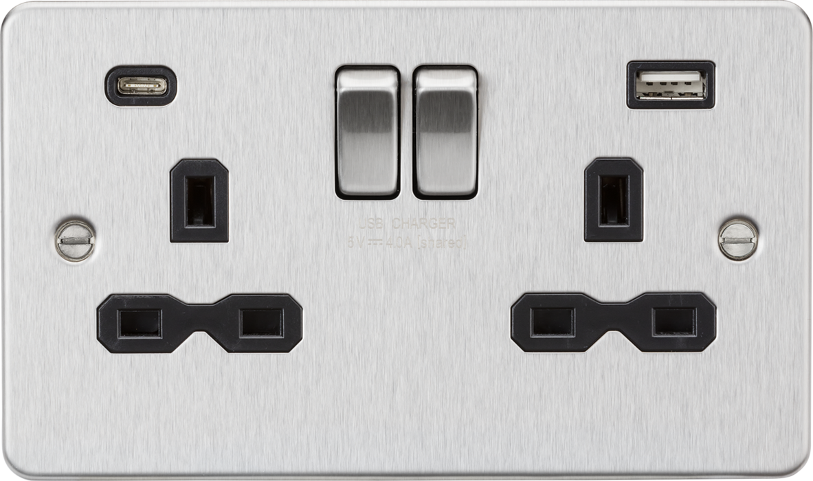 13A 2G SP Switched Socket with Dual USB A+C (5V DC 4.0A shared) - Brushed Chrome with Black Insert