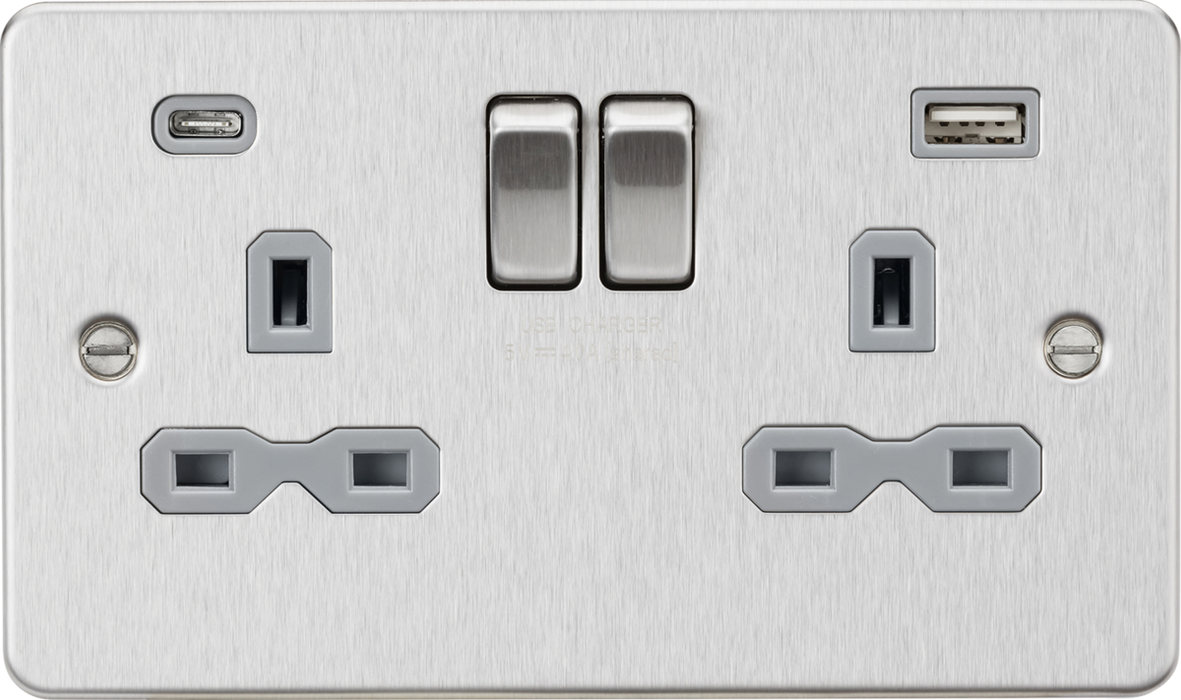 13A 2G SP Switched Socket with Dual USB A+C (5V DC 4.0A shared) - Brushed Chrome with Grey Insert