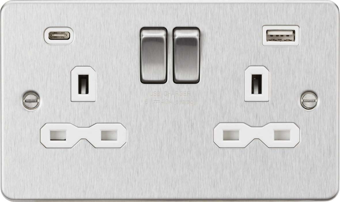 13A 2G SP Switched Socket with Dual USB A+C (5V DC 4.0A shared) - Brushed Chrome with White Insert