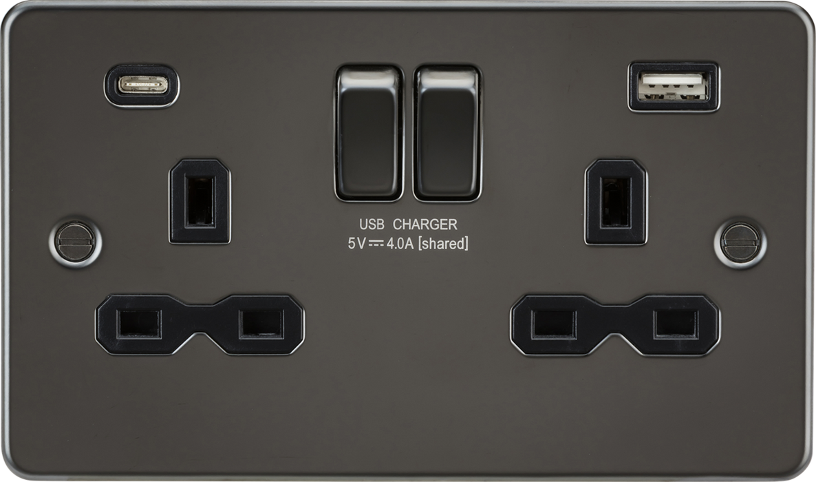 13A 2G SP Switched Socket with Dual USB A+C (5V DC 4.0A shared) - Gunmetal with Black Insert