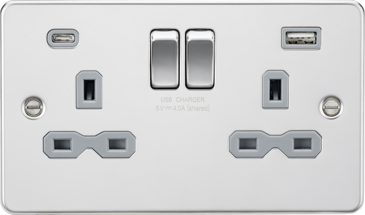 13A 2G SP Switched Socket with Dual USB A+C (5V DC 4.0A shared) - Polished Chrome with Grey Insert