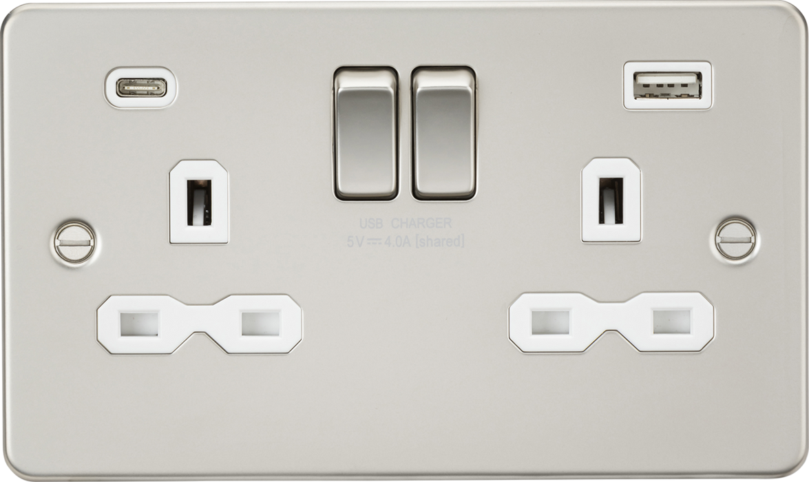 13A 2G SP Switched Socket with Dual USB A+C (5V DC 4.0A shared) - Pearl with White Insert