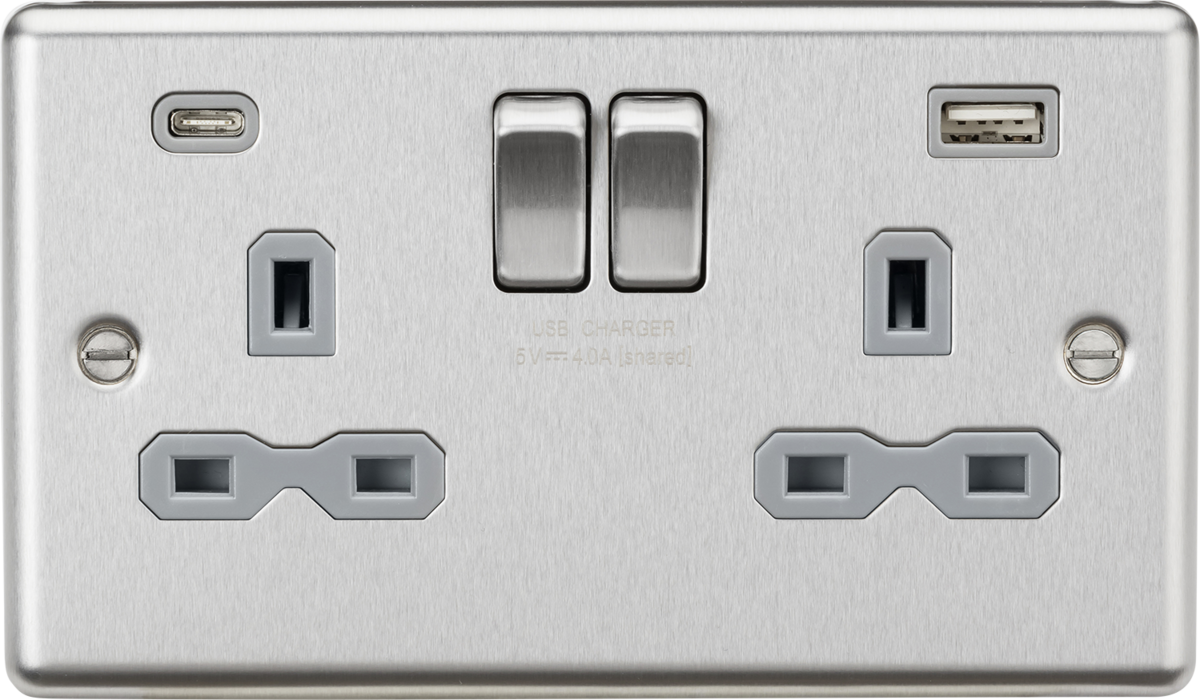 13A 2G SP Switched Socket with dual USB C+A 5V DC 4.0A [shared] - Brushed Chrome with grey insert