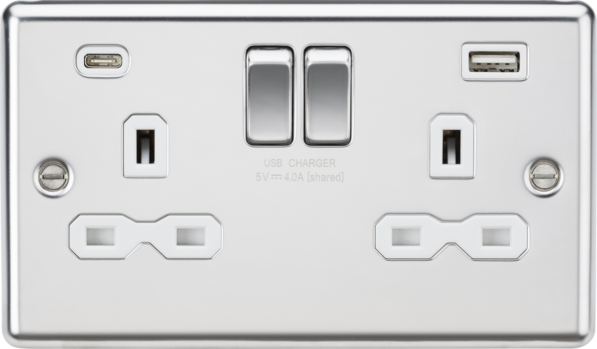 13A 2G SP Switched Socket with dual USB C+A 5V DC 4.0A [shared] - Polished Chrome with white insert