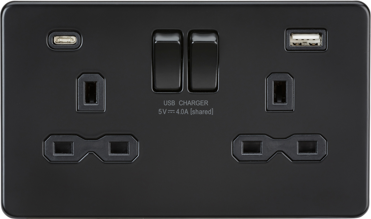 13A 2G SP Switched Socket with Dual USB A+C (5V DC 4.0A shared) - Matt Black with Black Insert